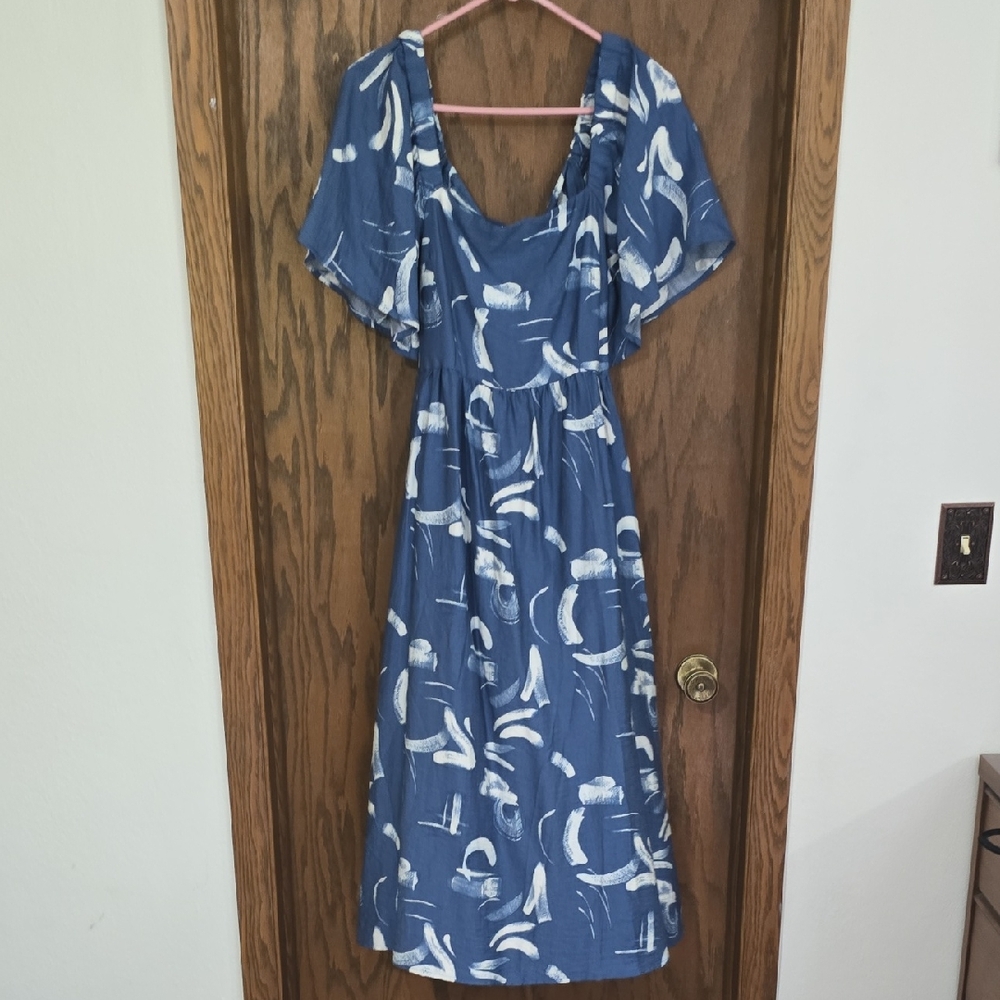 A New Day Blue and White Flutter Sleeve Sundress